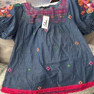 Embroidered Square-Neck Denim Tunic Top - Blue with Pink Accents